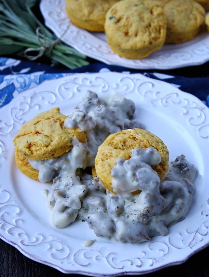 Perfect for a fall breakfast: Sausage Gravy and Sweet Potato-Sage Biscuits!