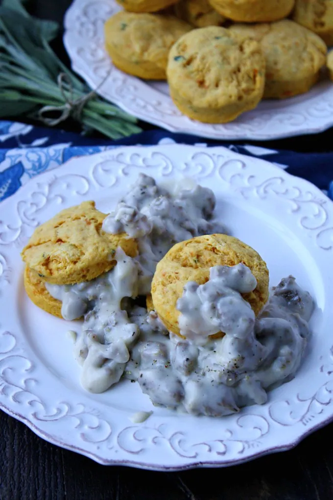 Perfect for a fall breakfast: Sausage Gravy and Sweet Potato-Sage Biscuits!