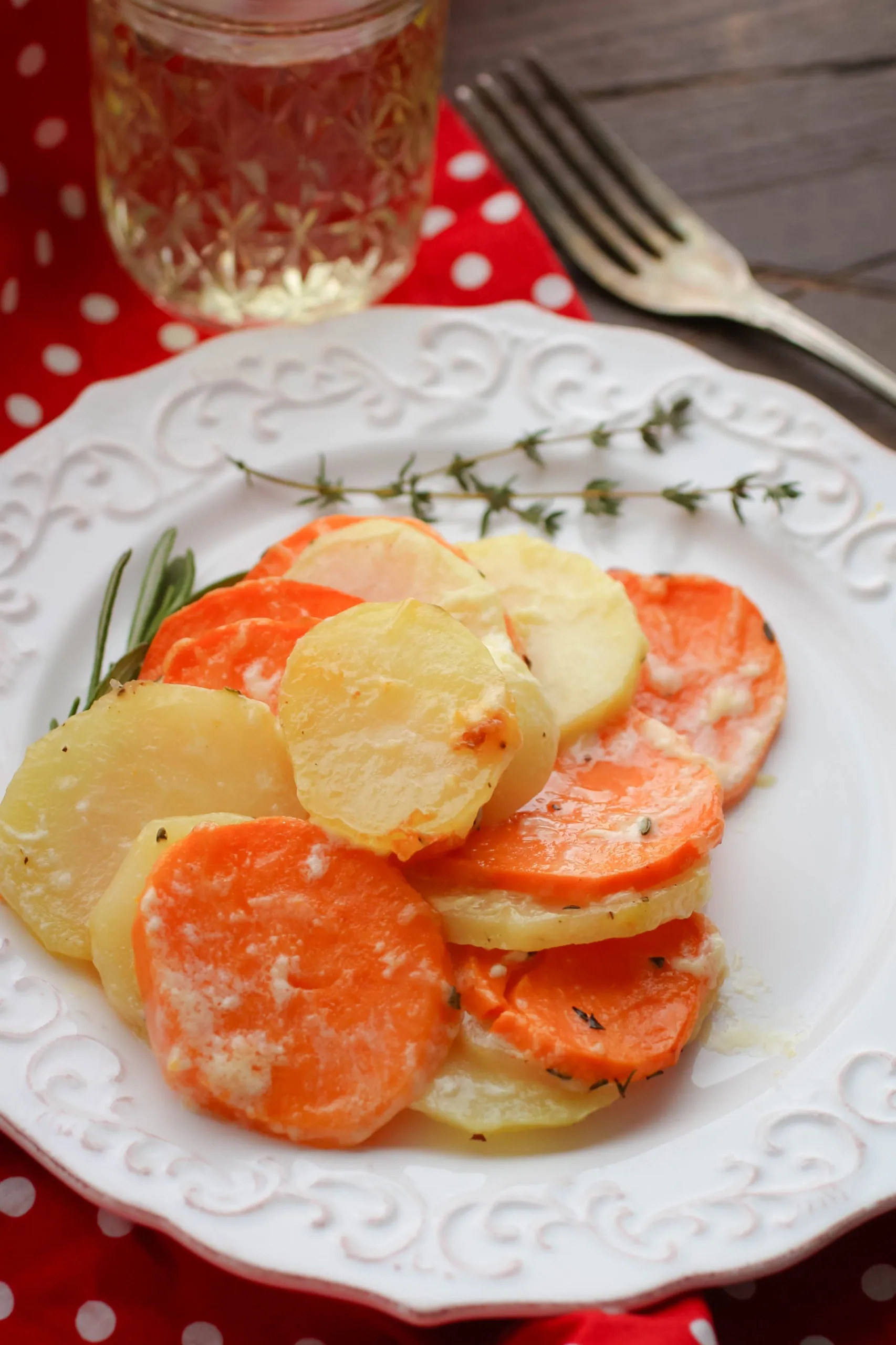 Serve up a plate of creamy Scalloped Yukon Gold and Sweet Potatoes 