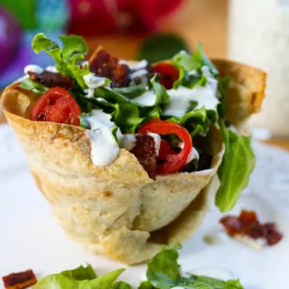 Side Salad in Tortilla Cups with Ranch Dressing are fun for a tasty, lighter meal.