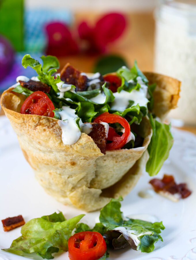 Side Salad in Tortilla Cups with Ranch Dressing are fun for a tasty, lighter meal.