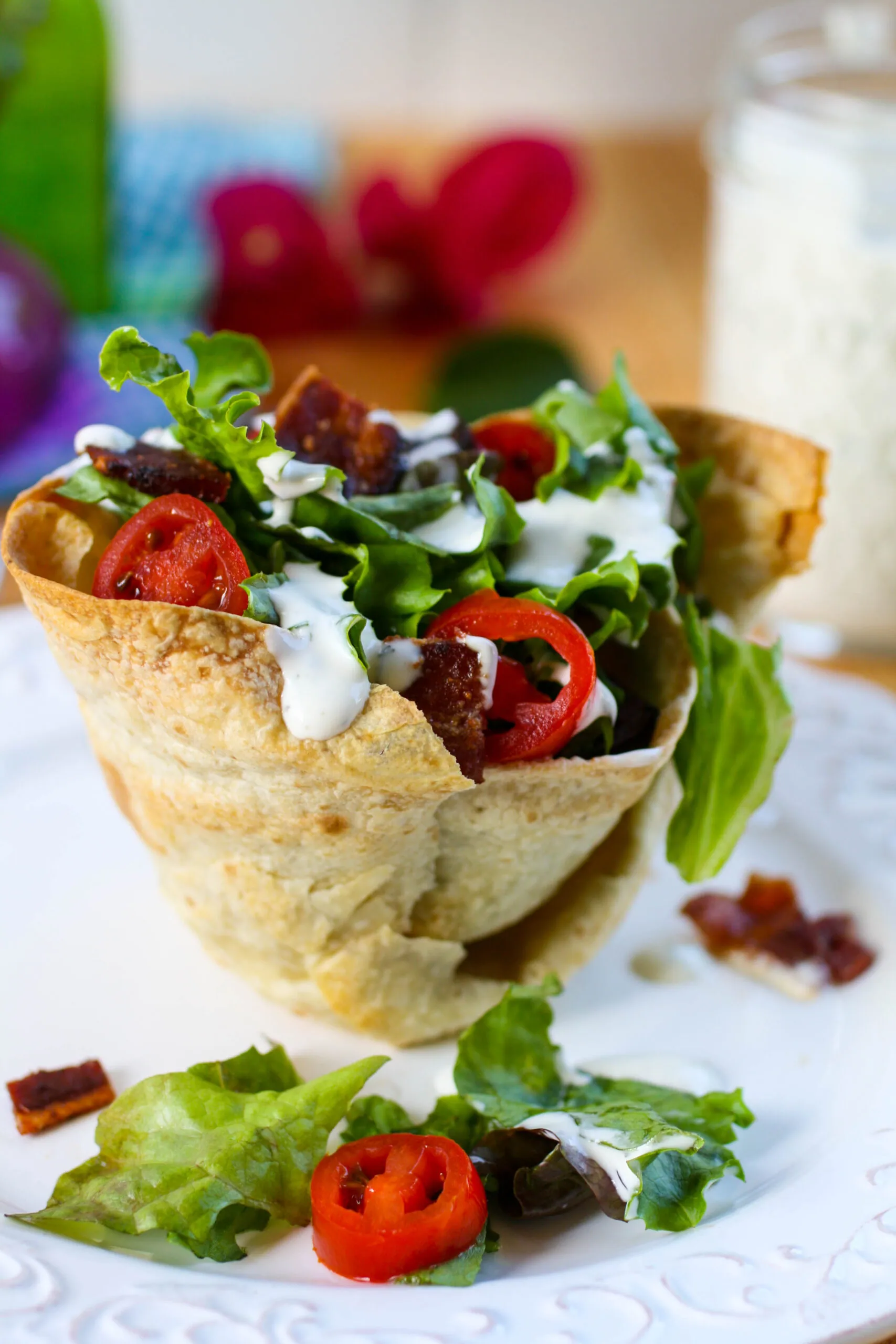 Side Salad in Tortilla Cups with Ranch Dressing are fun for a tasty, lighter meal.