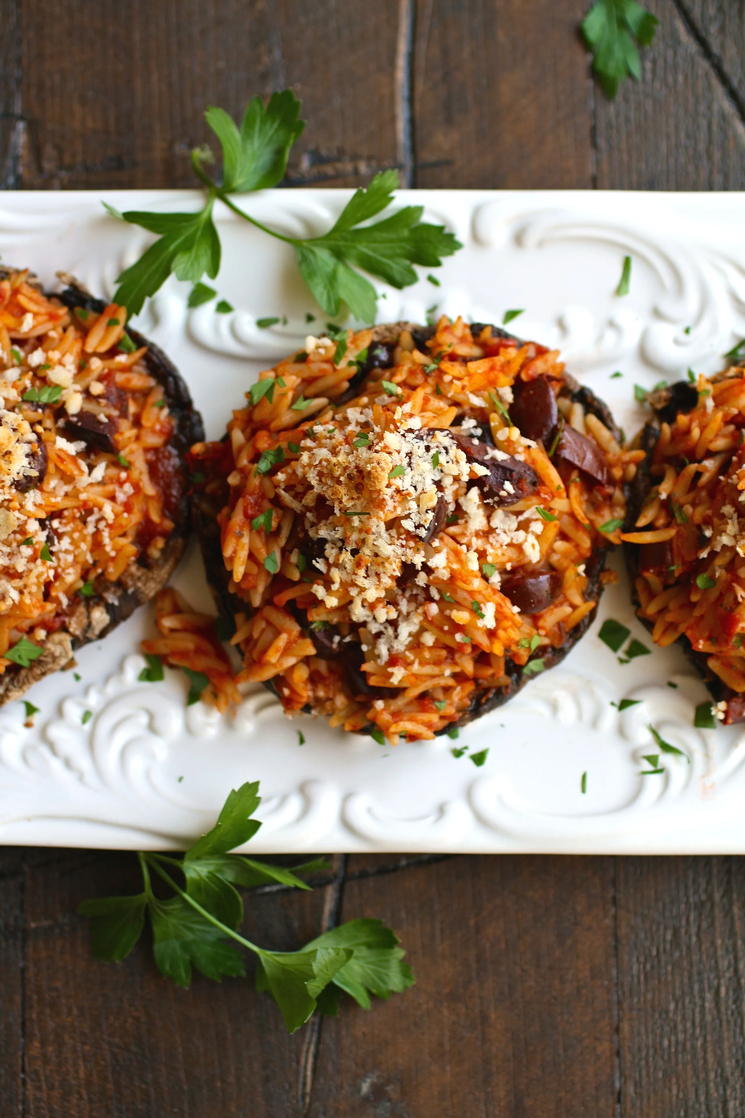 Dig in! This recipe for Orzo & Olive Stuffed Portobello Mushrooms is delicious!