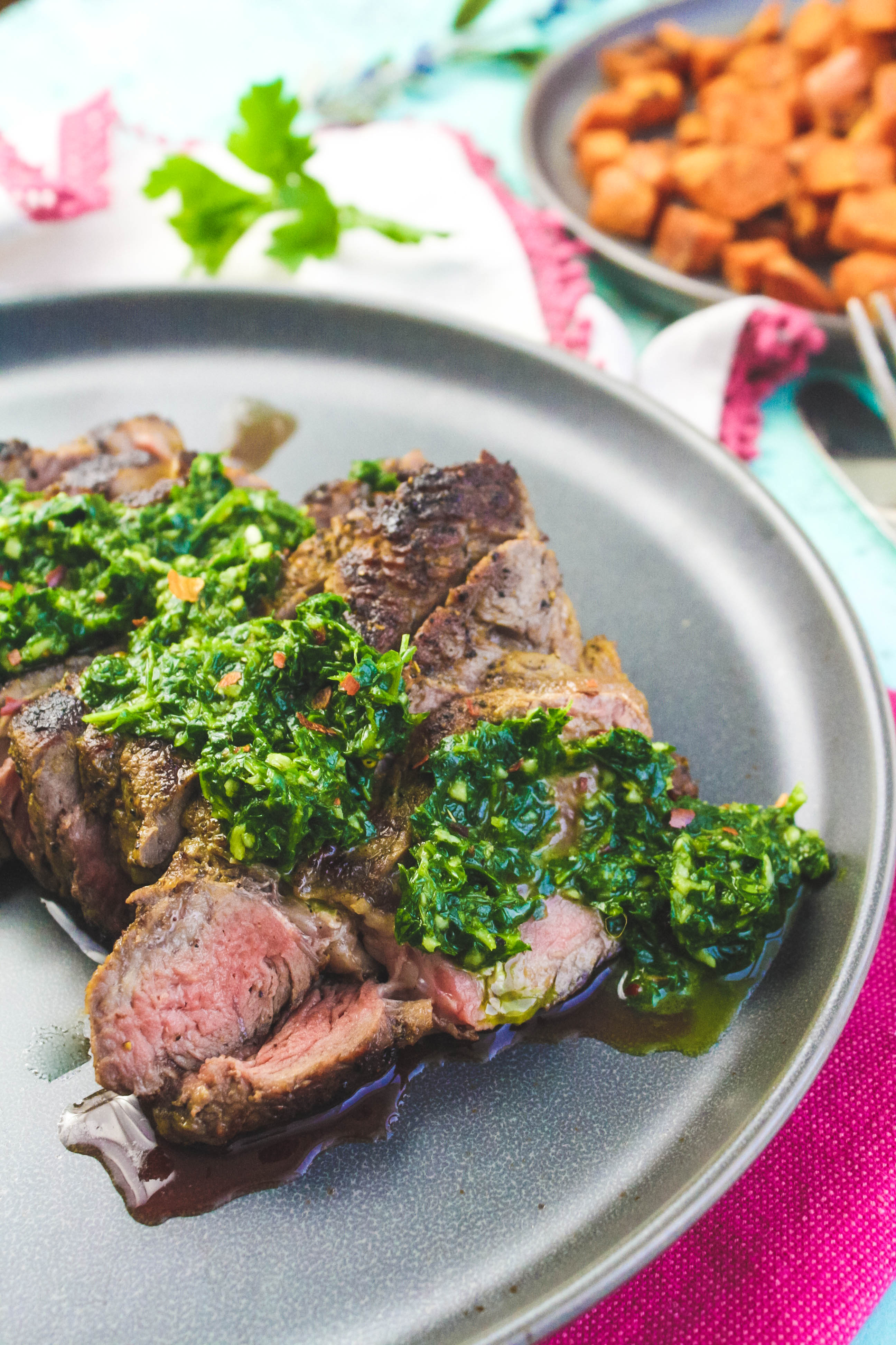 SkilletCooked NY Strip Steak with Chimichurri Sauce
