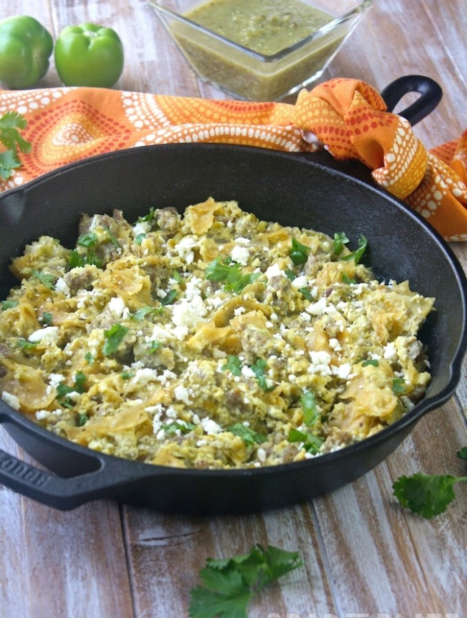 Enjoy breakfast and serve Skillet Pork Migas with Roasted Tomatillo Salsa