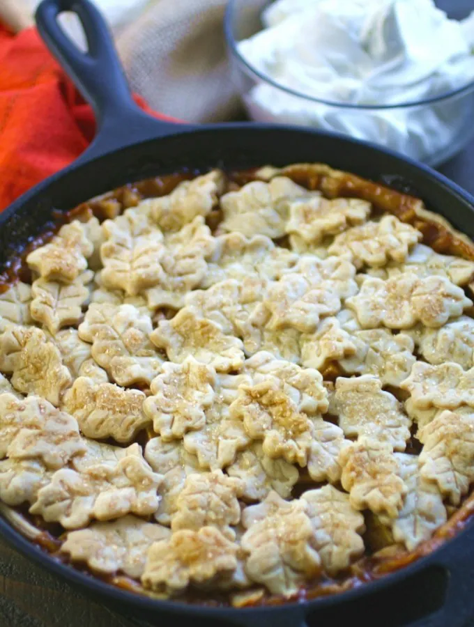 This rustic Skillet Apple Pie with Salted Caramel Whipped Topping is a great treat for the holidays!