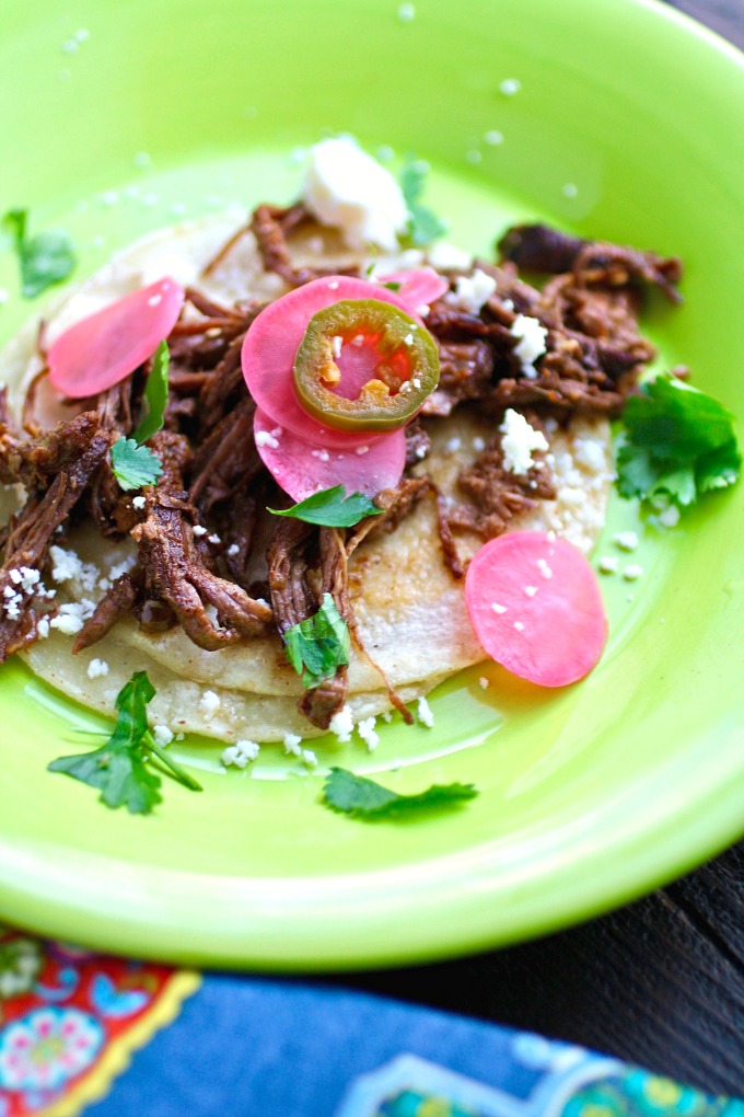 Slow Cooker Beef Carnitas Tacos with Spicy Pickled Radishes