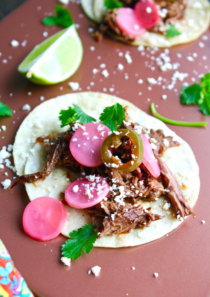 You'll want to dig right in to these Slow Cooker Beef Carnitas with Spicy Pickled Radishes!