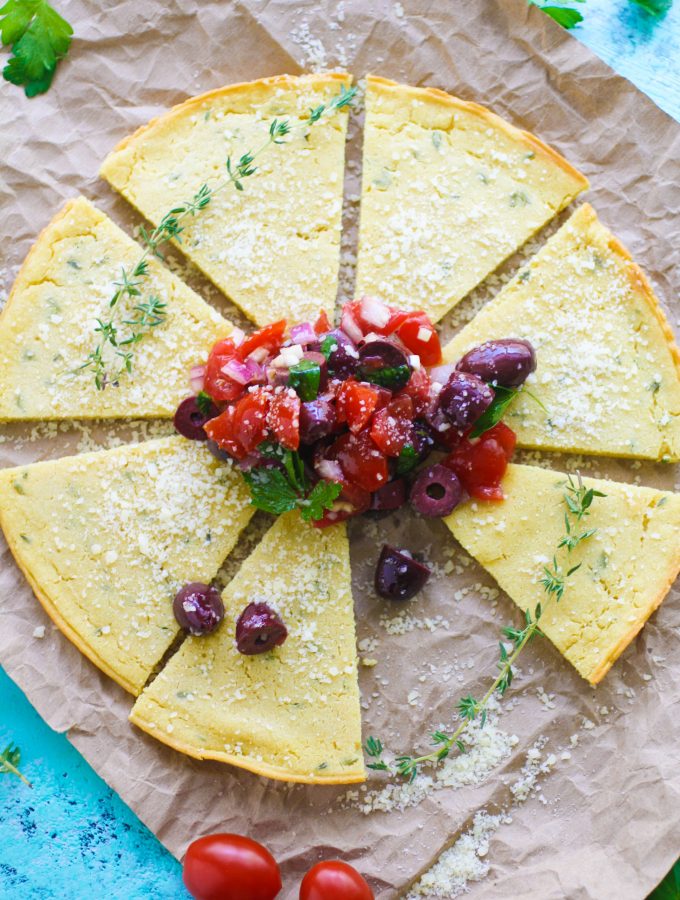 Socca (Chickpea Flour) Flatbread with Tomato and Olive Salad make a wonderful snack between meals. Socca (Chickpea Flour) Flatbread with Tomato and Olive Salad is perfect for a snack, or as an appetizer -- you decide!