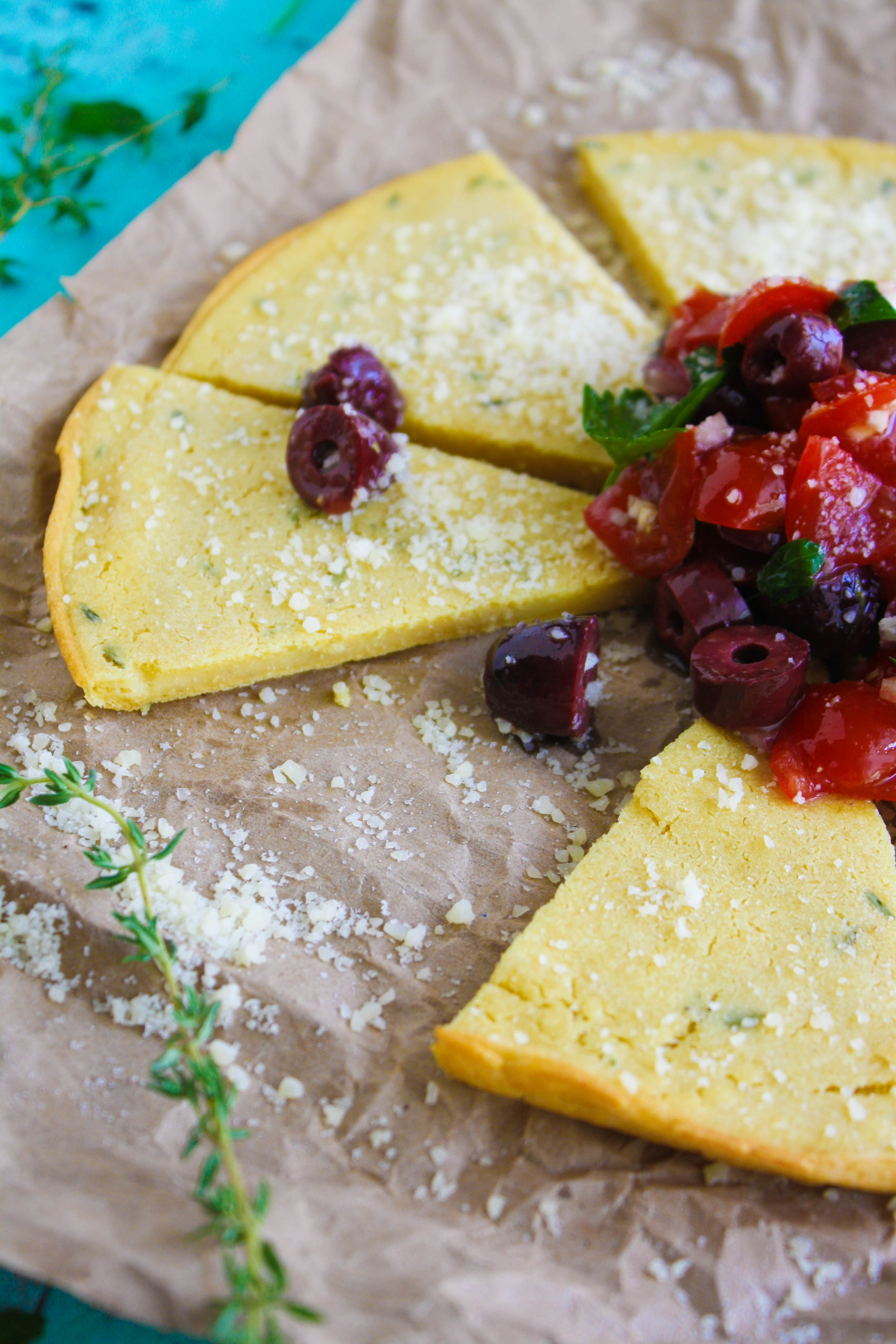 Grab a slice of this Socca (Chickpea Flour) Flatbread with Tomato and Olive Salad for your next snack! Socca (Chickpea Flour) Flatbread with Tomato and Olive Salad is delicious and so easy to make!