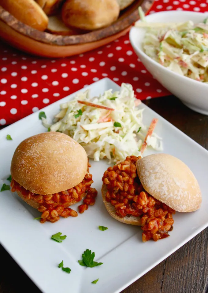 You'l love these meatless sandwiches perfect for any event: Spicy Sloppy Farro Joes with Creamy Cabbage-Apple Slaw!