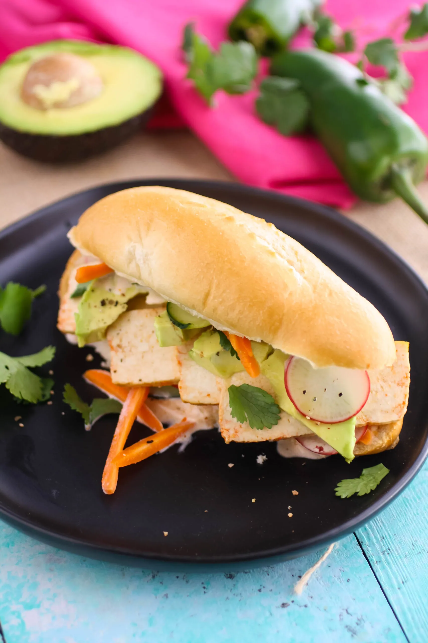 This spicy tofu banh mi sandwich is hearty and colorful.