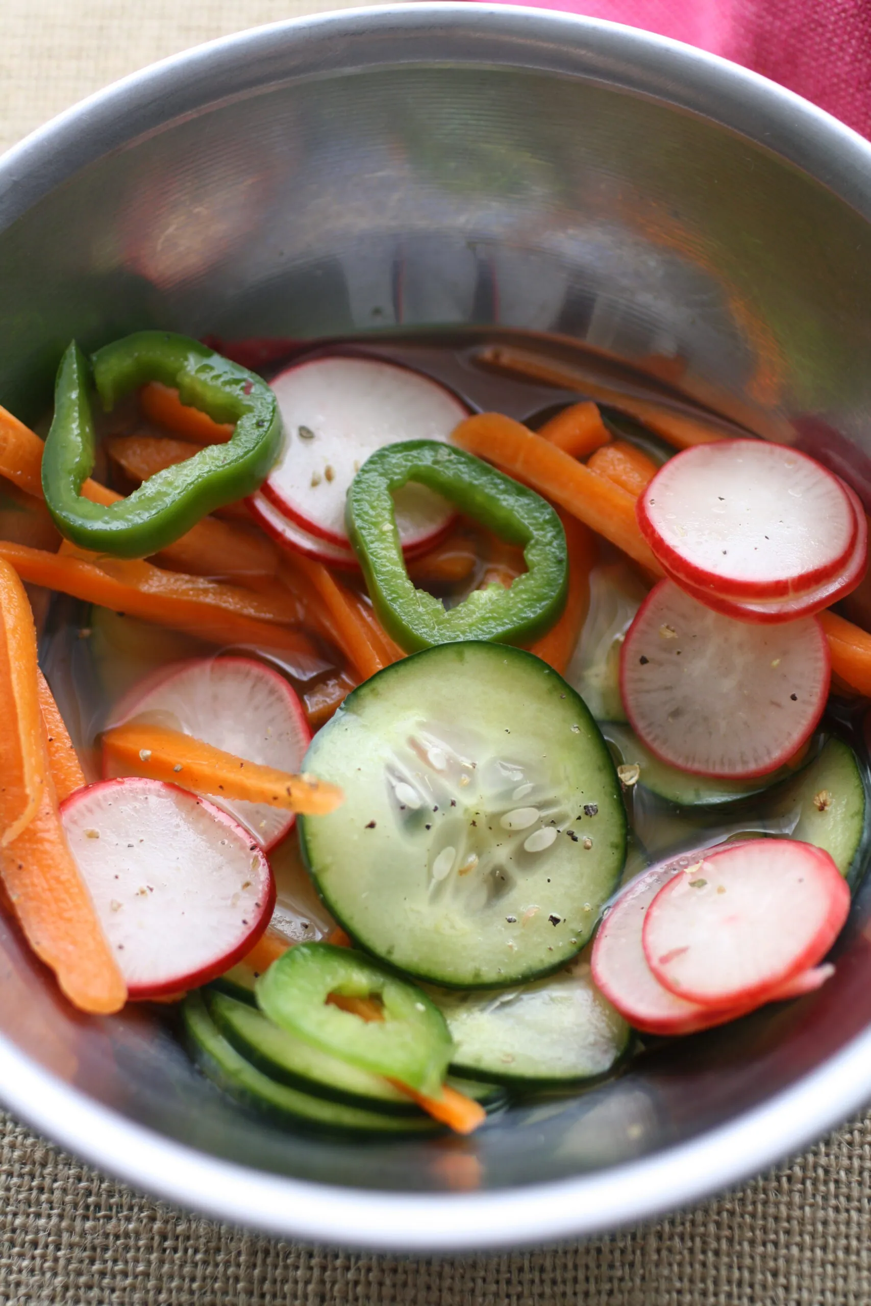 A variety of veggies marinating and ready for adding to Spicy Tofu Banh Mi Sandwiches. 