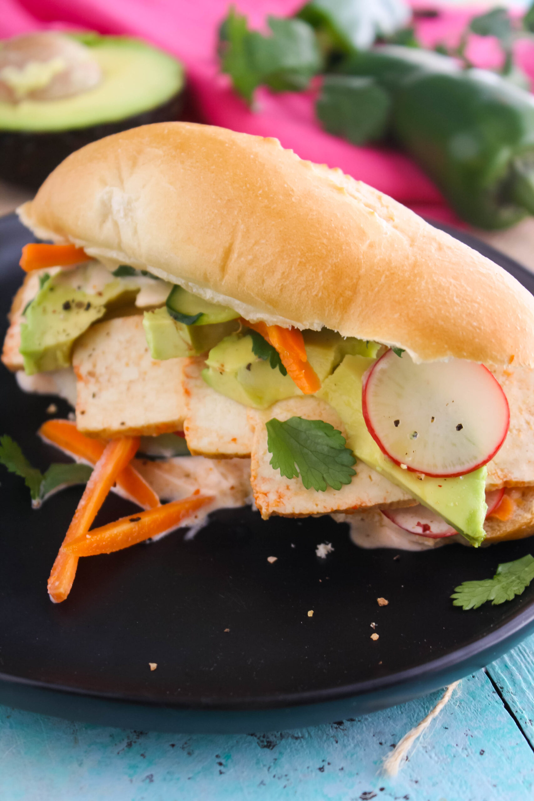 Spicy Tofu Banh Mi Sandwiches are plated and ready to serve.