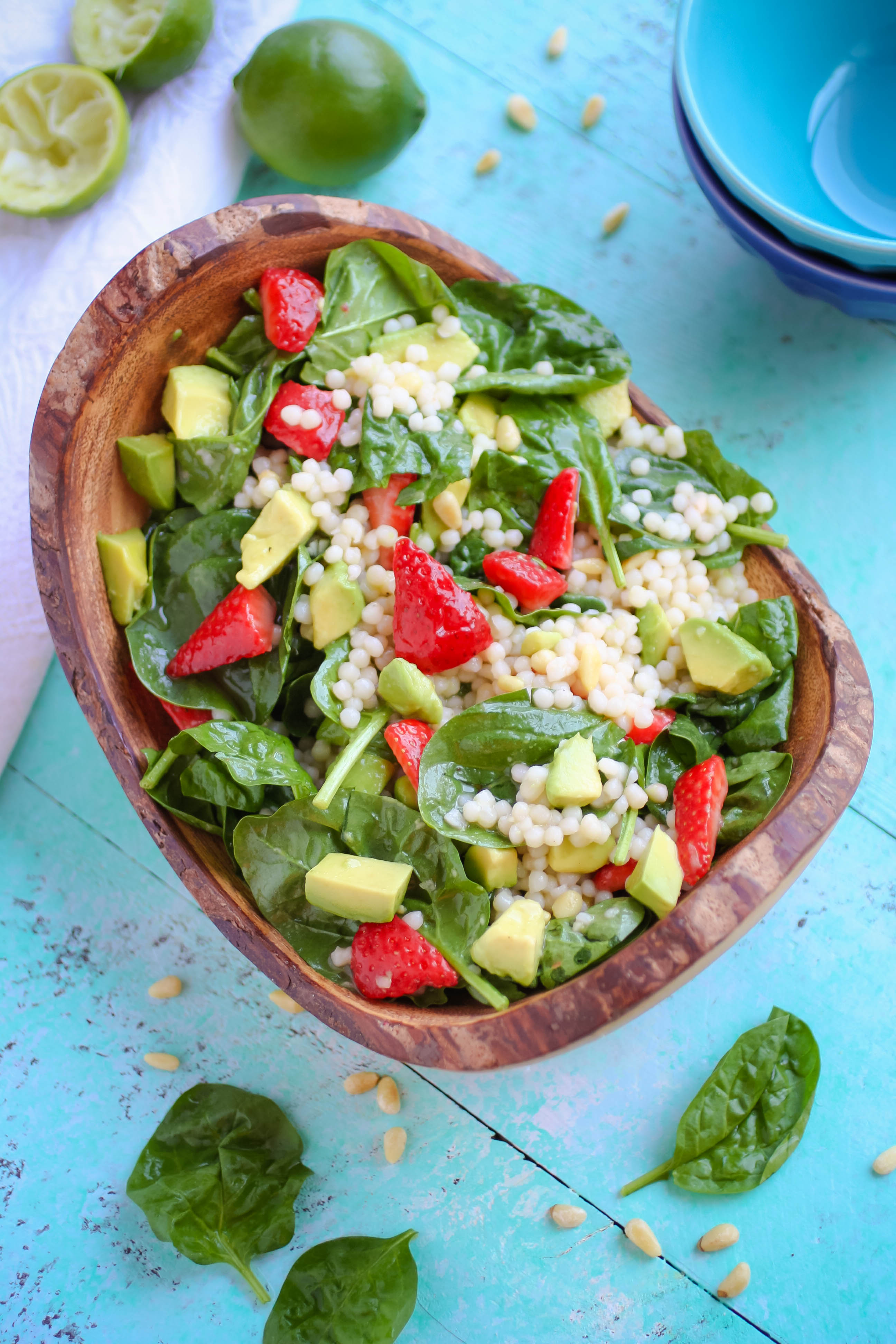 Spinach and Couscous Salad with Strawberries, Avocado & Honey-Lime Dressing is a fabulous salad for the summer. Spinach and Couscous Salad with Strawberries, Avocado & Honey-Lime Dressing is what you need to make for a great light meal.