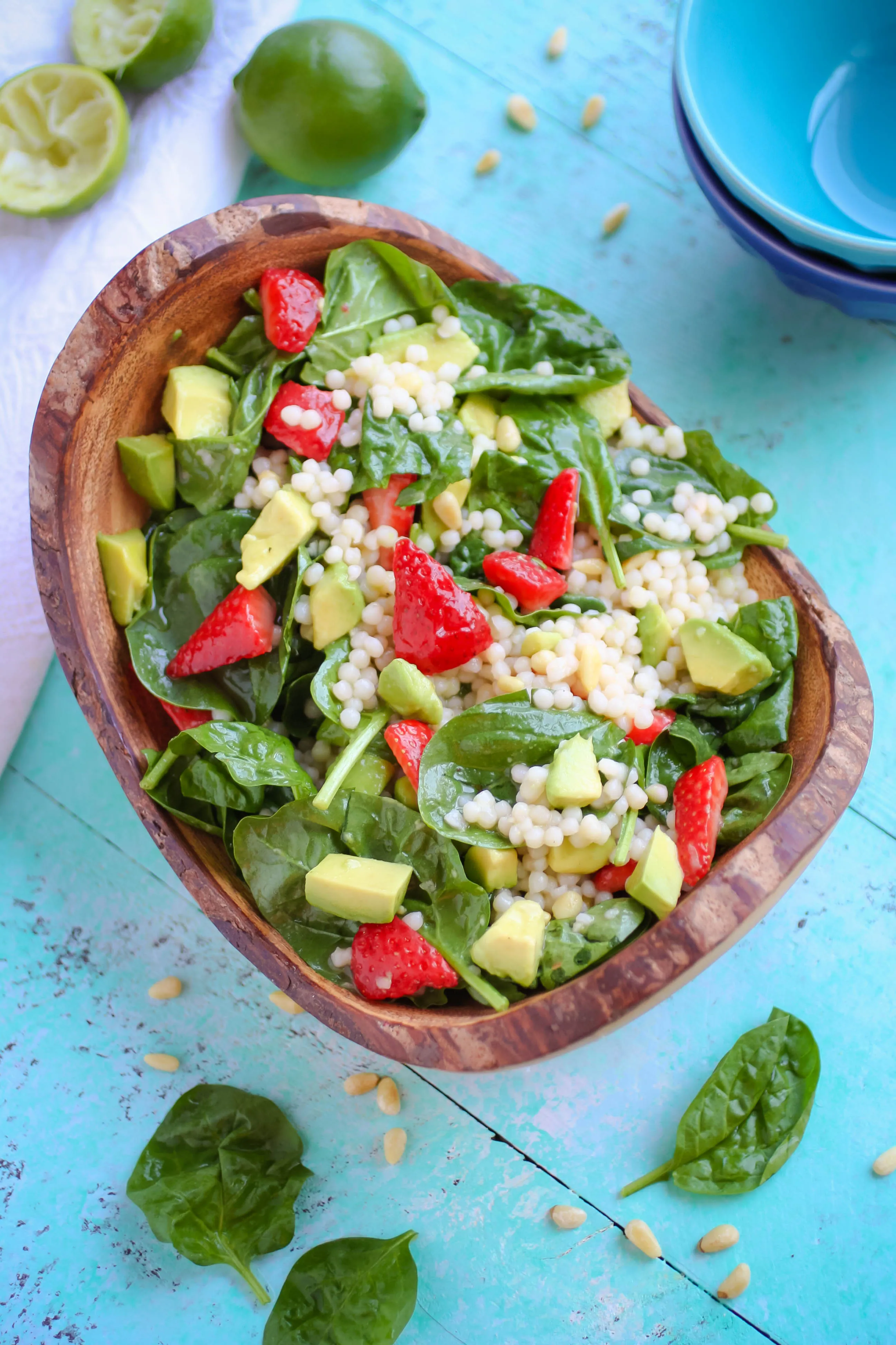 Spinach and Couscous Salad with Strawberries, Avocado & Honey-Lime Dressing is a fabulous salad for the summer. Spinach and Couscous Salad with Strawberries, Avocado & Honey-Lime Dressing is what you need to make for a great light meal.