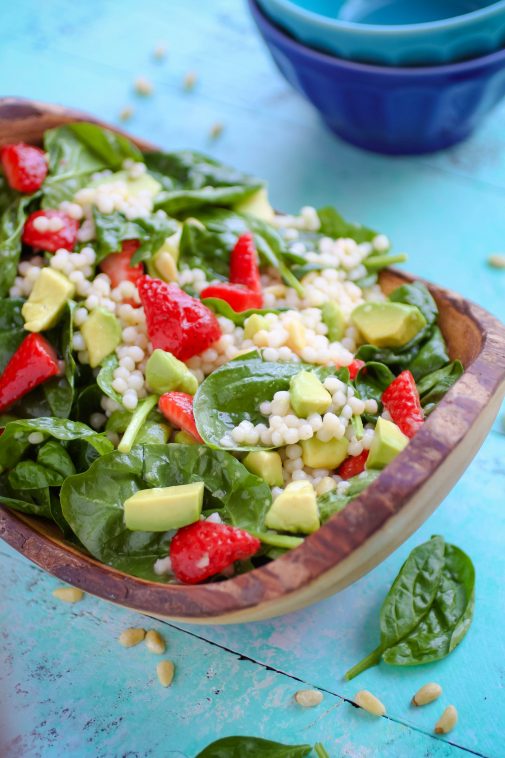 Spinach and Couscous Salad with Strawberries, Avocado & Honey-Lime Dressing