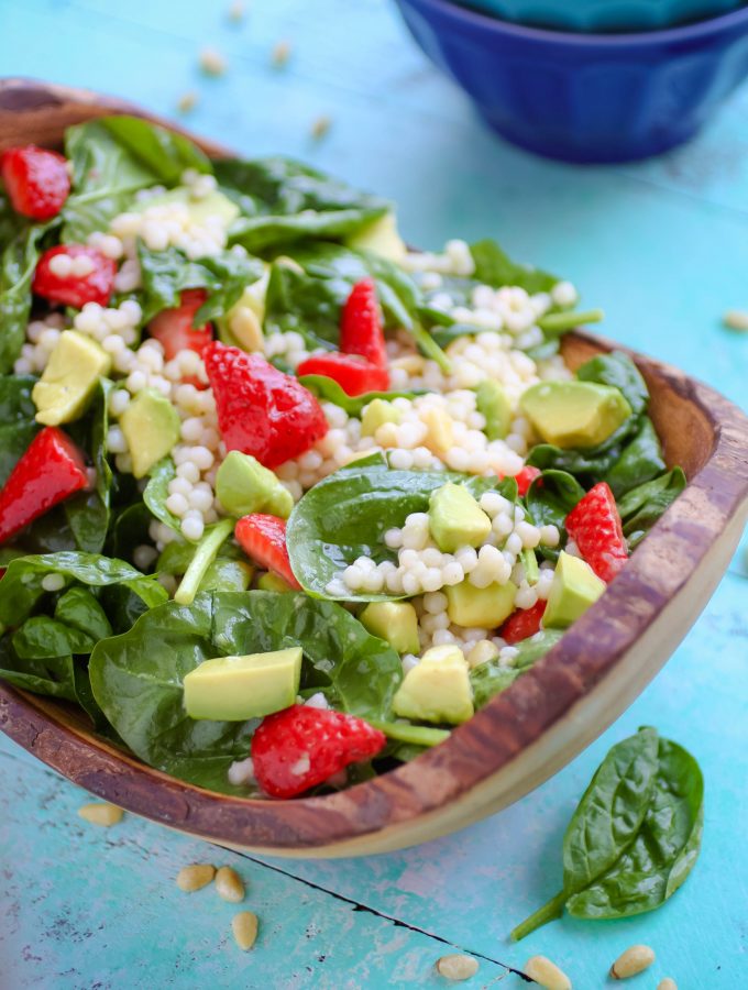 Spinach and Couscous Salad with Strawberries, Avocado & Honey-Lime Dressing is a fabulous salad for the season. Everyone will love Spinach and Couscous Salad with Strawberries, Avocado & Honey-Lime Dressing.