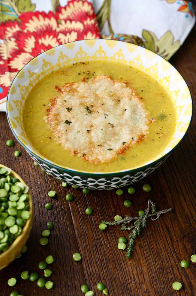Split Pea Soup with Parmesan-Thyme Crisps makes a hearty meal. This dish is vegetarian and glute free, too!