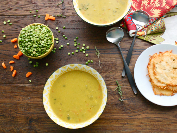 Split Pea Soup with Parmesan-Thyme Crisps is a filling dish. This delightful soup is so easy to make, too!