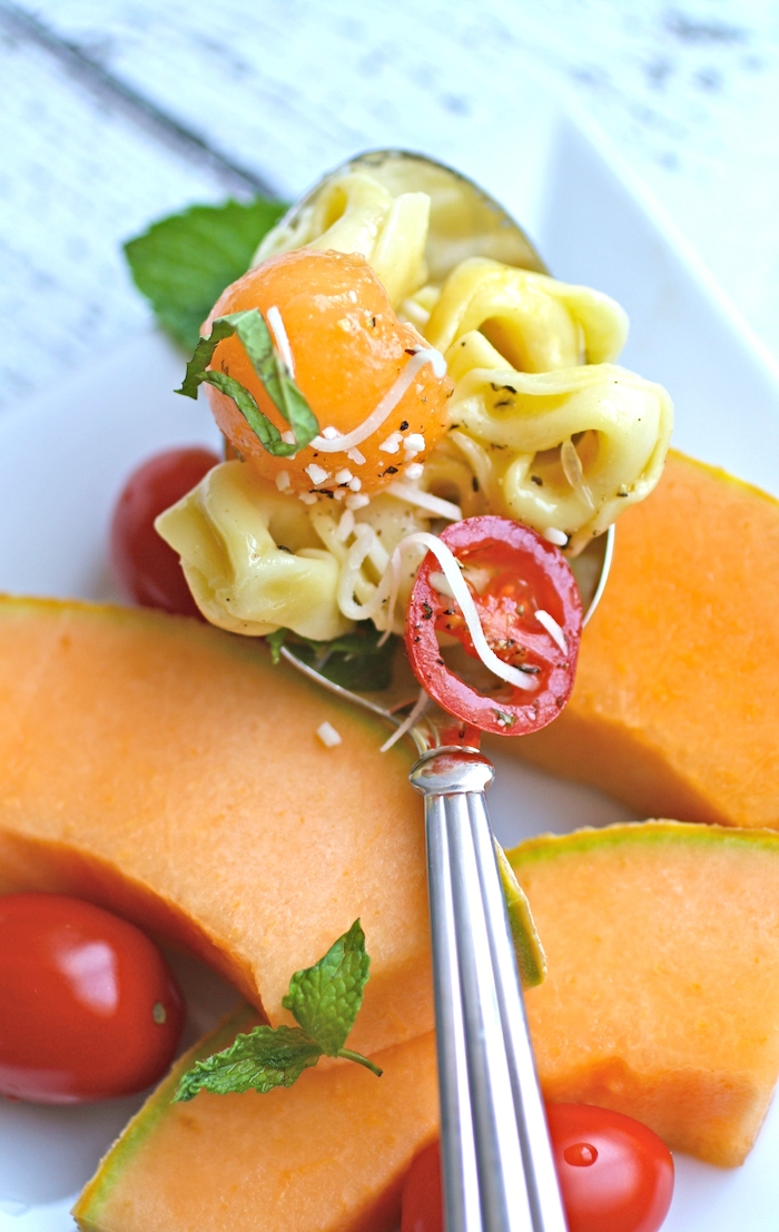 Dig into a divine pasta salad: Chilled Tortellini, Tomato and Melon Salad with Lemon-Mint Dressing