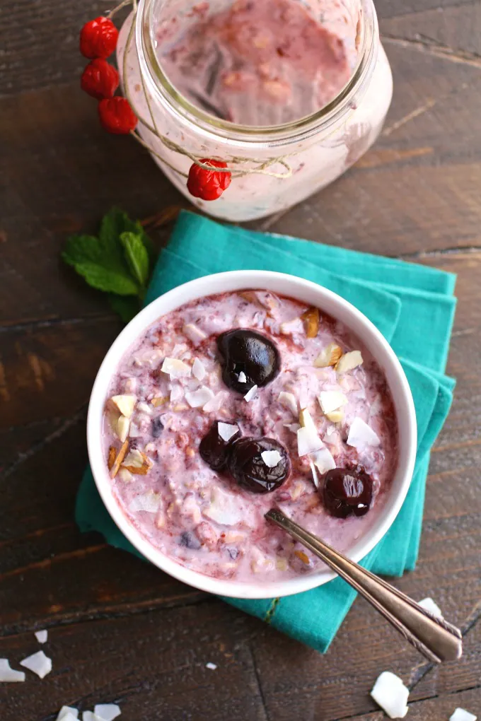 Enjoy a filling and easy to make breakfast: Cherry, Almond & Coconut Overnight Oats with Chia