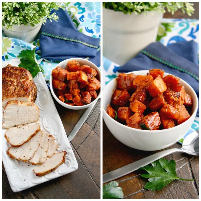 This 4-ingredient dish -- Sriracha-Roasted Pork with Sweet Potatoes -- is amazing!