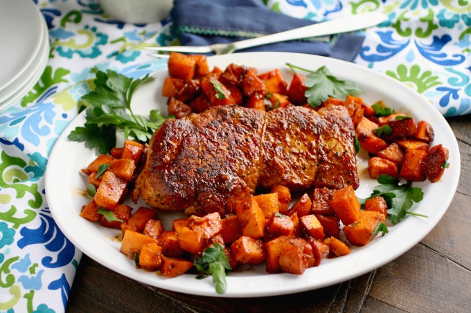 You'll love how easy it is to make Sriracha-Roasted Pork with Sweet Potatoes (just 4 ingredients)! It's delicious, too!