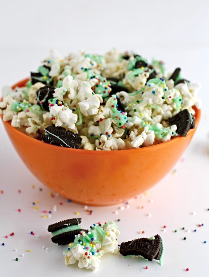 St. Patrick's Day Mint-Chocolate Popcorn Snack is a festive way to add cheer to the day! It's easy to make and fun to eat!