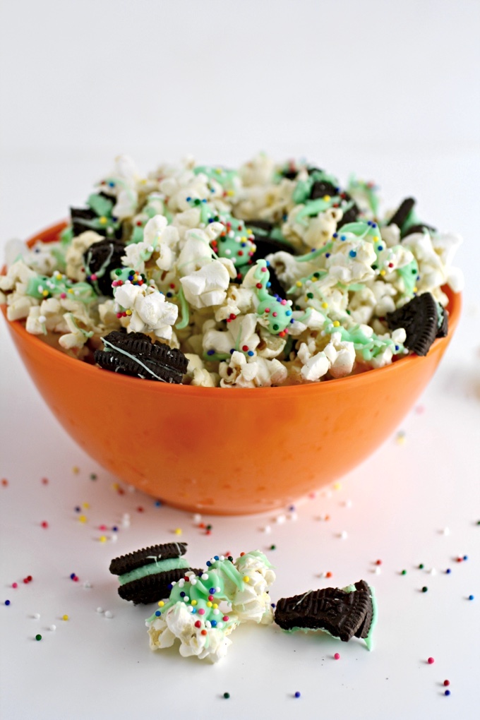 St. Patrick's Day Mint-Chocolate Popcorn Snack is a festive way to add cheer to the day! It's easy to make and fun to eat!