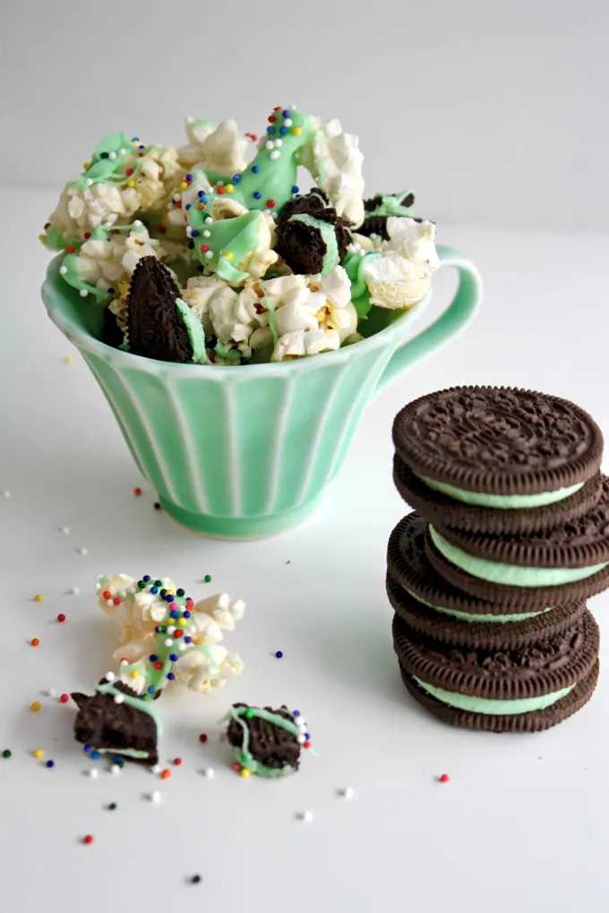 St. Patrick's Day Mint-Chocolate Popcorn Snack adds a bit of green to your day! It's a fun way to celebrate!