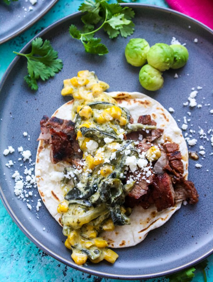 Steak Tacos with Poblano Pepper Strips and Cream Sauce (Rajas con Crema) is a great taco-night option! You'll love these Steak Tacos with Poblano Pepper Strips and Cream Sauce (Rajas con Crema)!