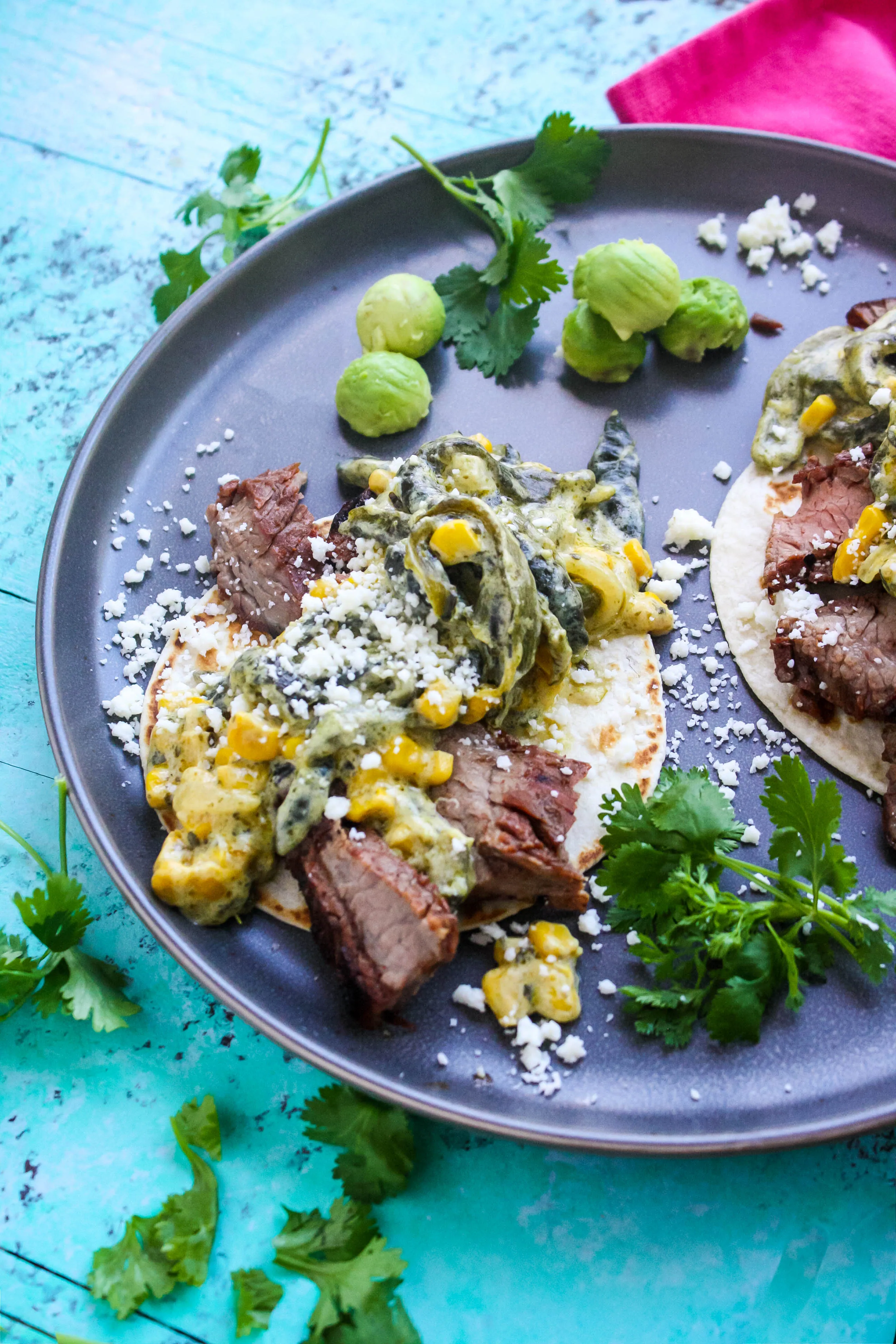 Steak Tacos with Poblano Pepper Strips and Cream Sauce (Rajas con Crema) makes a fantastic dish for taco night! You'll really enjoy these Steak Tacos with Poblano Pepper Strips and Cream Sauce (Rajas con Crema)!