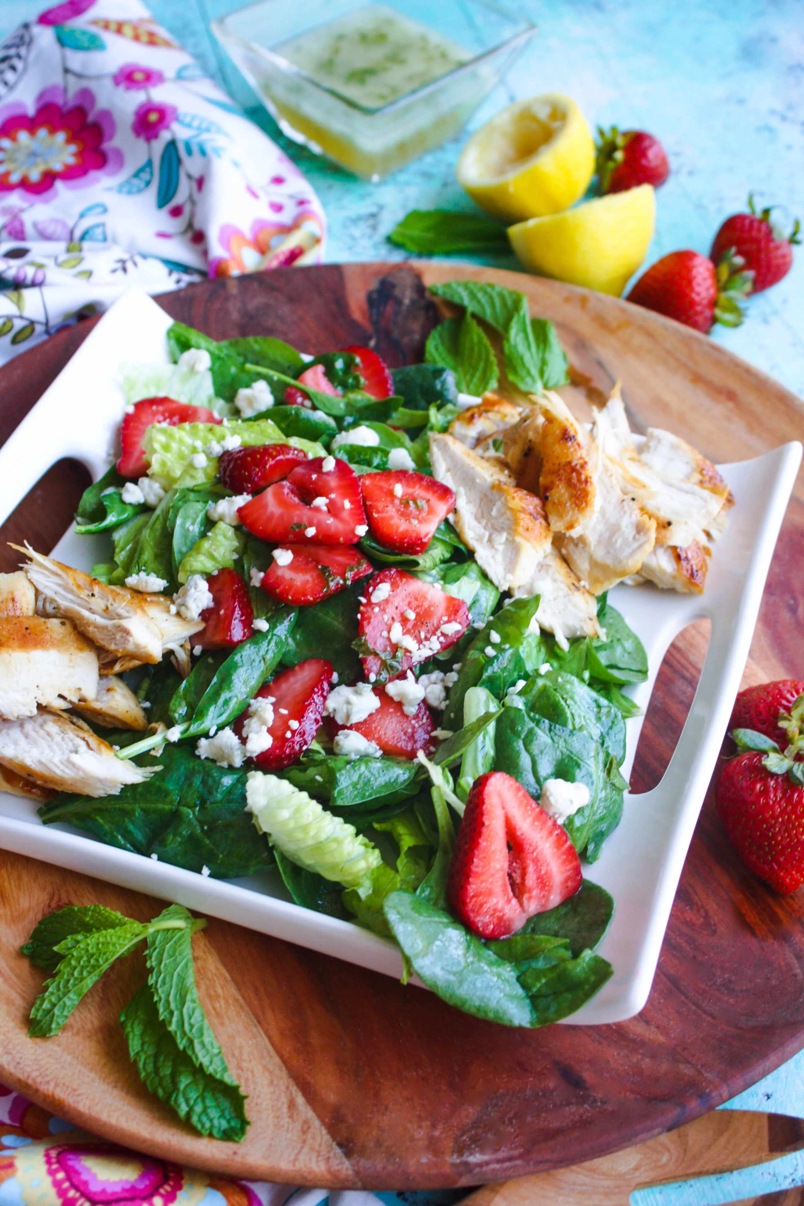 Chicken Salad with Strawberries and Honey-Lemon Mint Dressing is a fabulous, no-fuss meal. You'll love the touch of sweetness from the strawberries and the lemon.