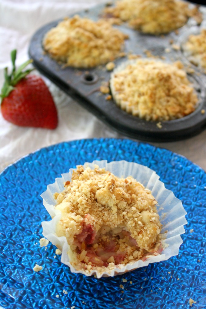 Strawberry-Rhubarb Almond Streusel Muffins offer a double taste of fruit. You'll also love the crunchy, crumbly streusel topping!