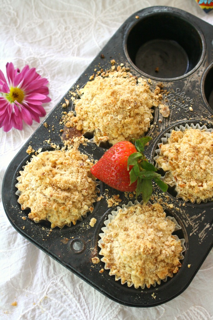 Strawberry-Rhubarb Almond Streusel Muffins make a great baked treat. You'll love the flavors and textures as a yummy snack.