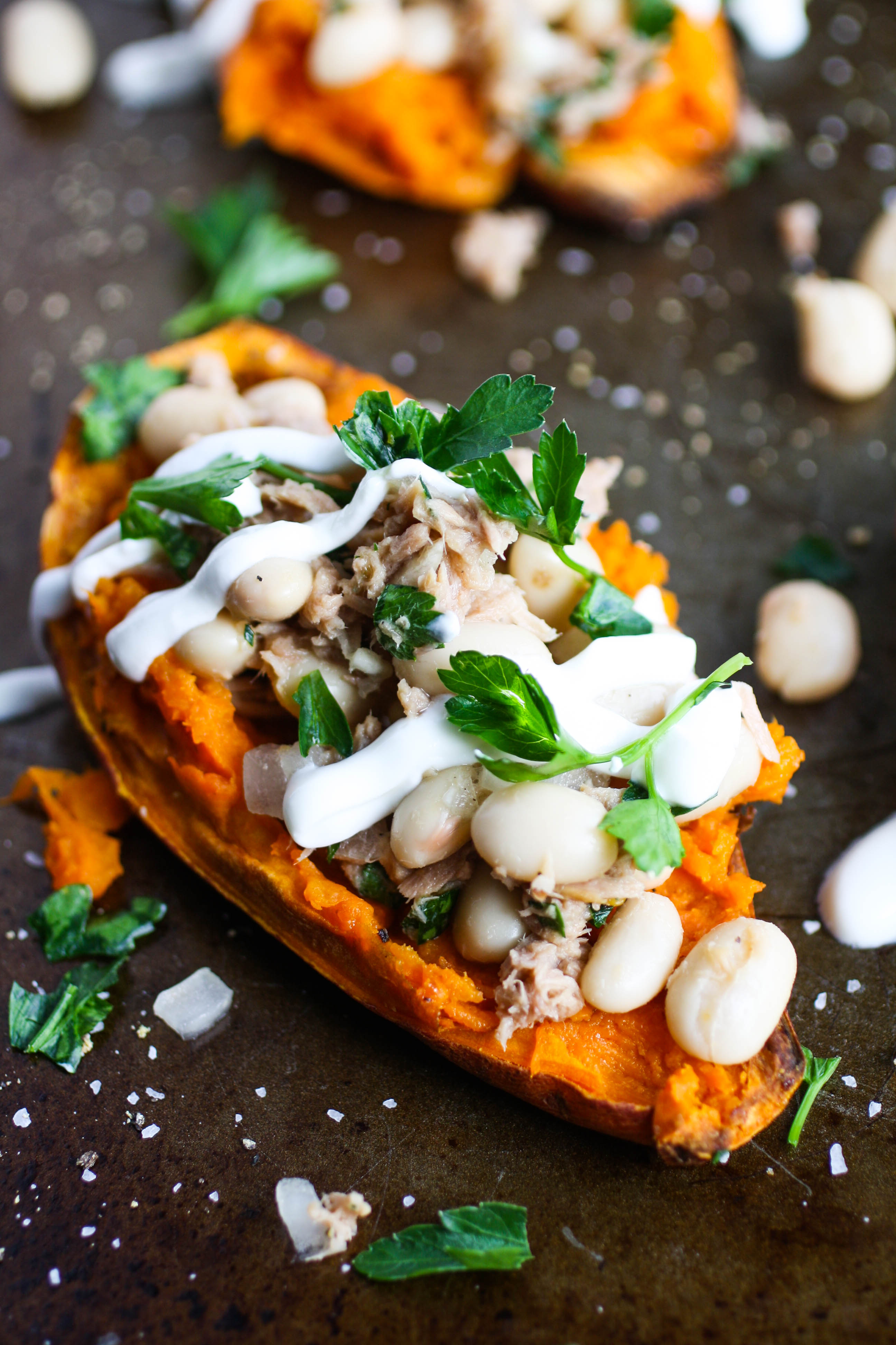 Stuffed Sweet Potatoes with Tuna and Beans is a fabulous meatless meal. These stuffed sweet potatoes are great for lunch or dinner. 