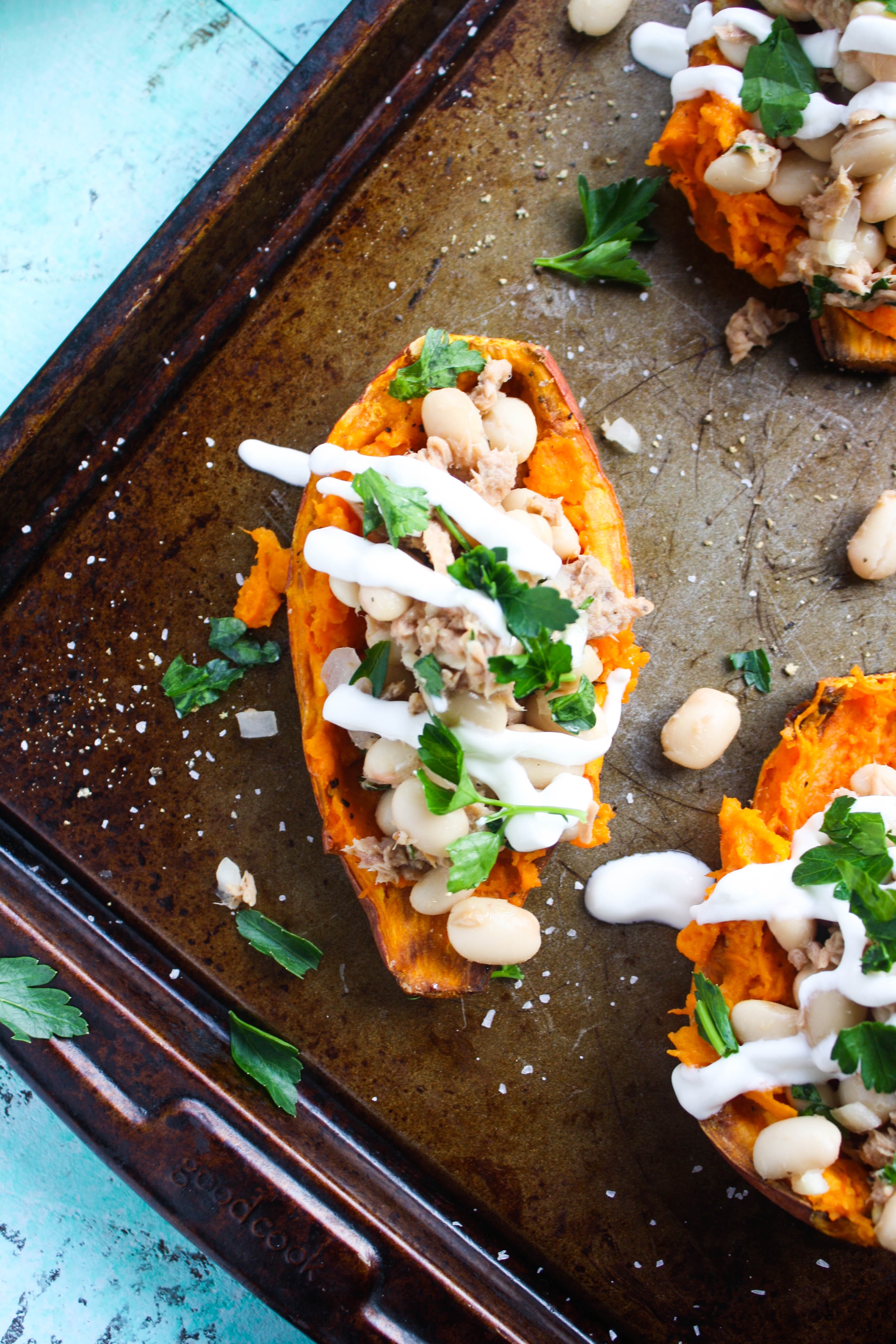 Stuffed Sweet Potatoes with Tuna and Beans make a simple, meatless meal. You'll enjoy these stuffed sweet potatoes any night of the week.