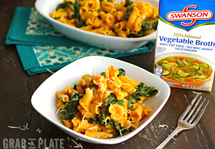 Pasta with Kale and Creamy Butternut Squash Soup is make with Swanson Vegetable Broth as its base. It makes a great vegetarian meal.