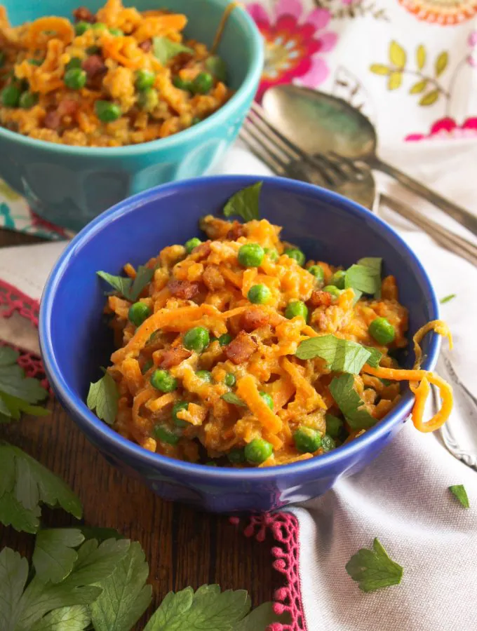 Sweet potato carbonara is a take on tradition. Use sweet potato "noodles" instead of pasta for this delicious dish!