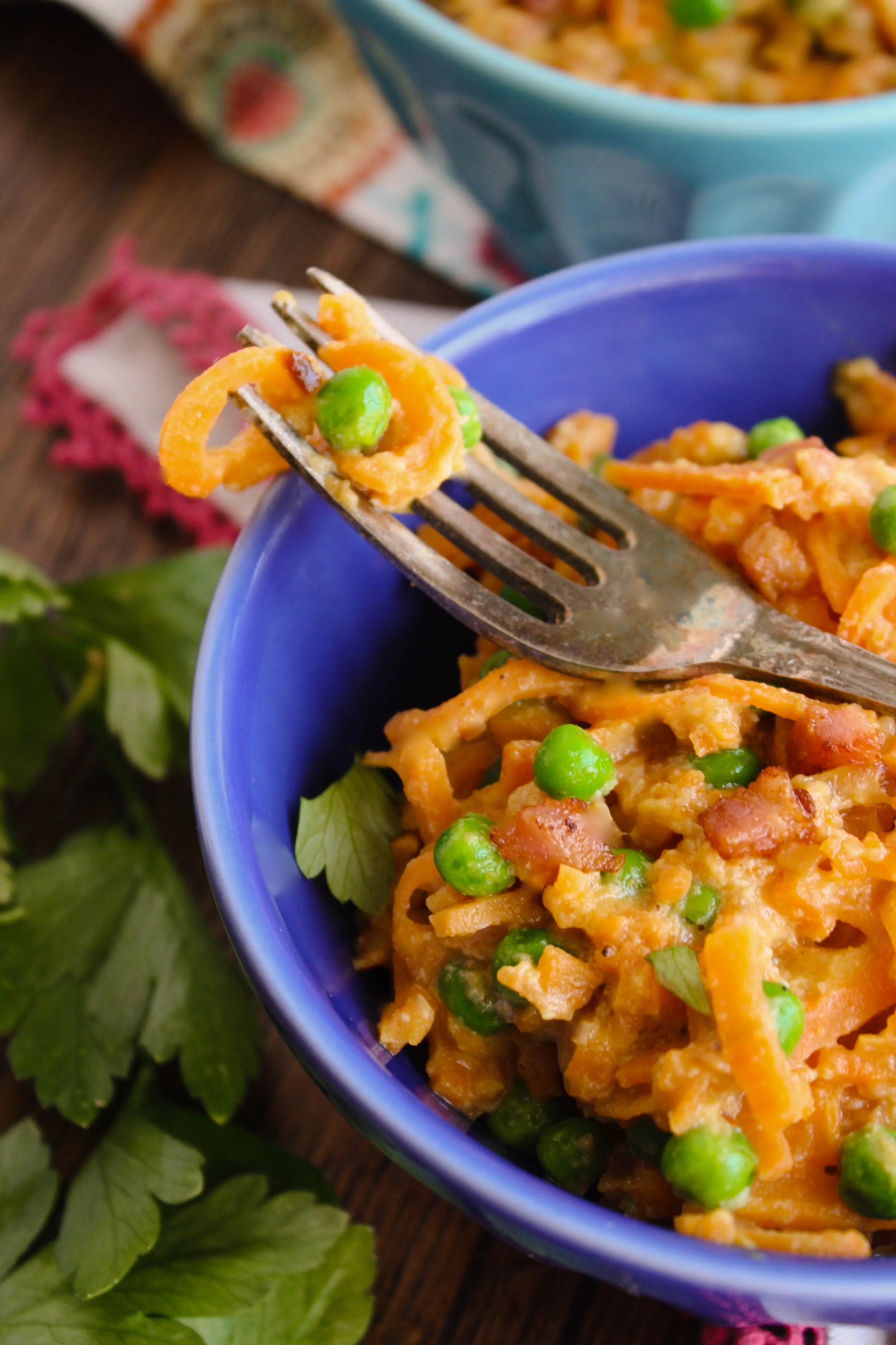 Sweet potato carbonara is a fun and flavorul dish. Use sweet potato instead of pasta to twirl and twirl!