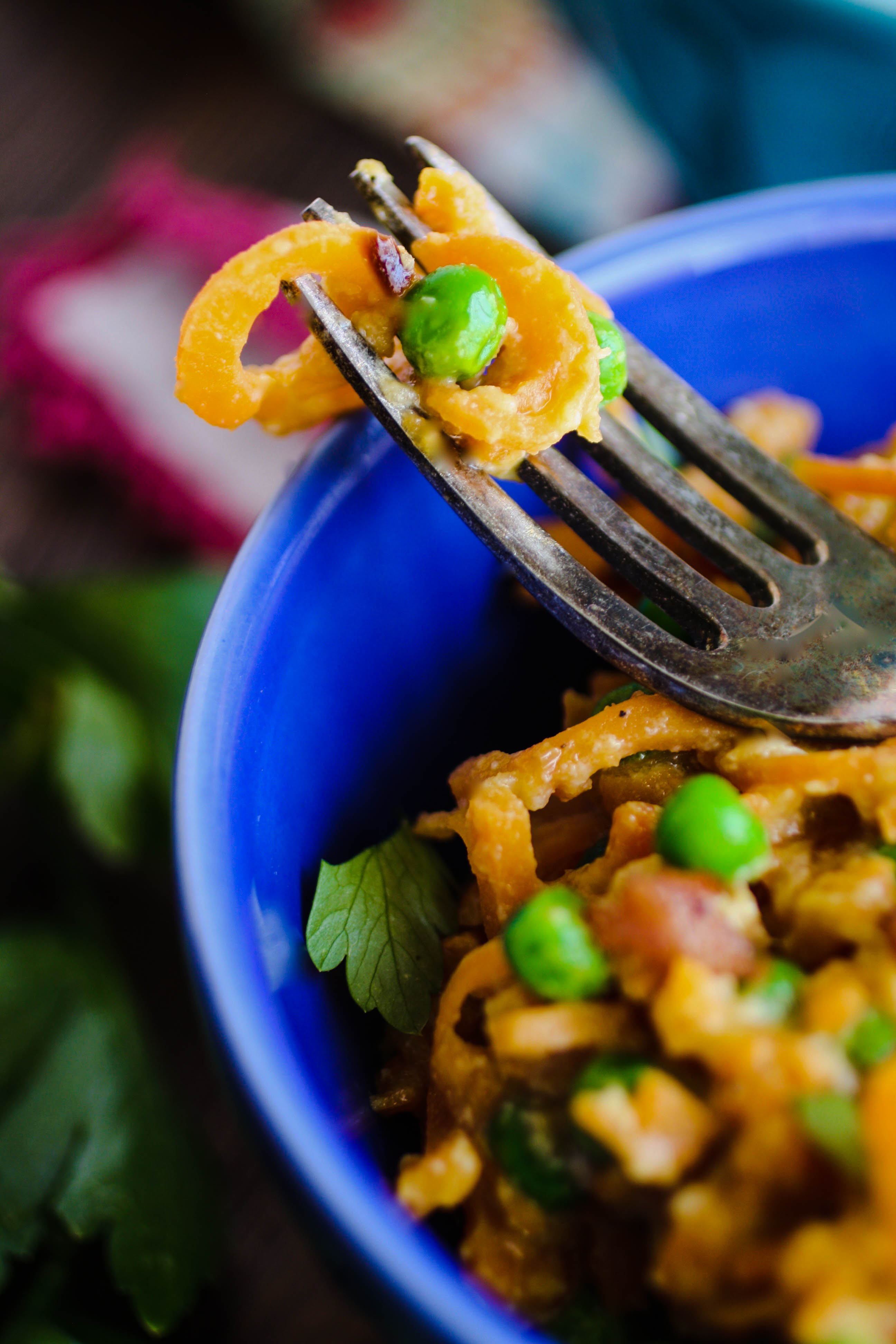 Sweet potato carbonara is a delightful dish! It includes spiralized sweet potato insead of pasta for a delicious twist!