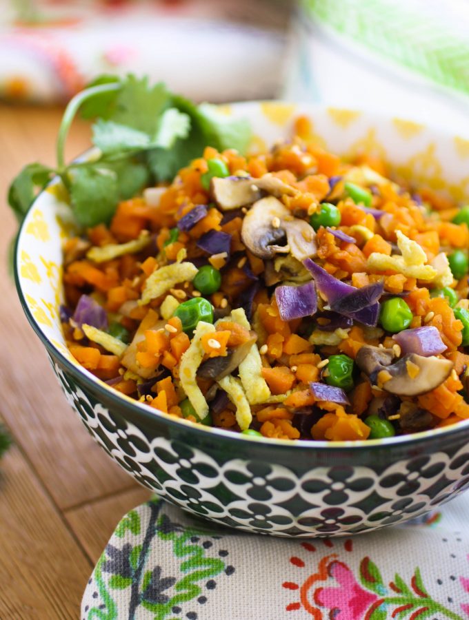 Sweet Potato "Fried Rice" is a healthy and colorful dish. Try this meatless dish for your next side or main part of your meal!