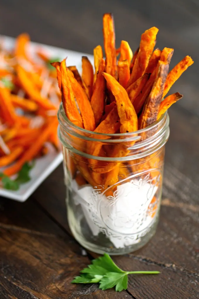 Grab a bunch of these Sweet Potato "Fries" with Jalapeno-Onion Ranch Dip for a real treat!