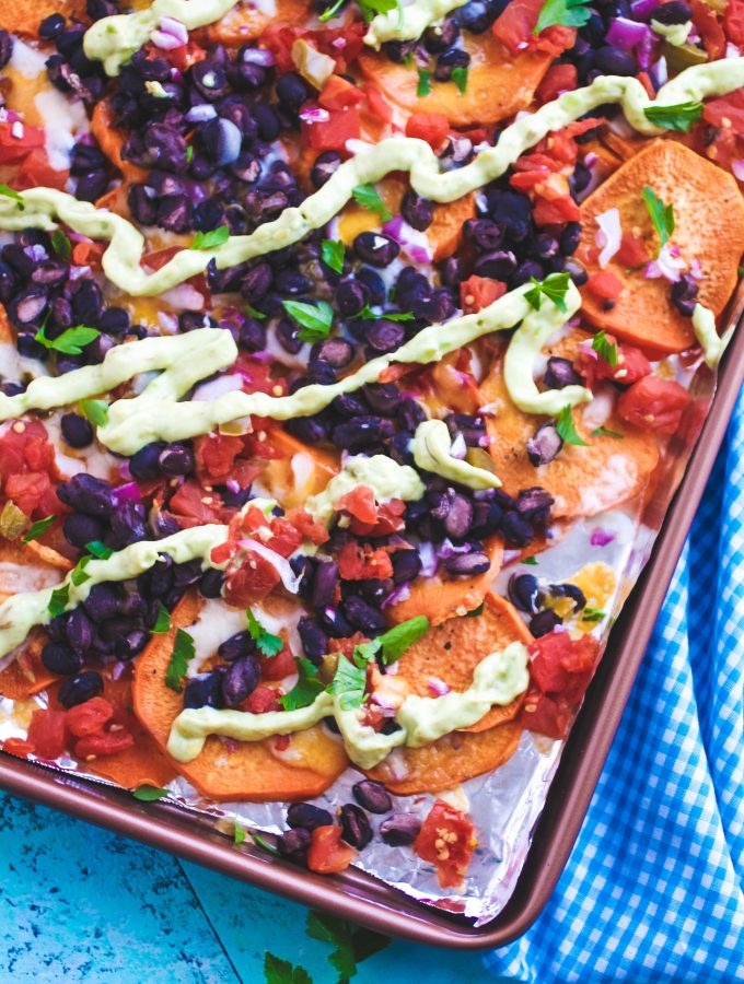 Sweet Potato Nachos with Avocado Crema make a great snack! Sweet Potato Nachos with Avocado Crema are filling and fun to snack on.