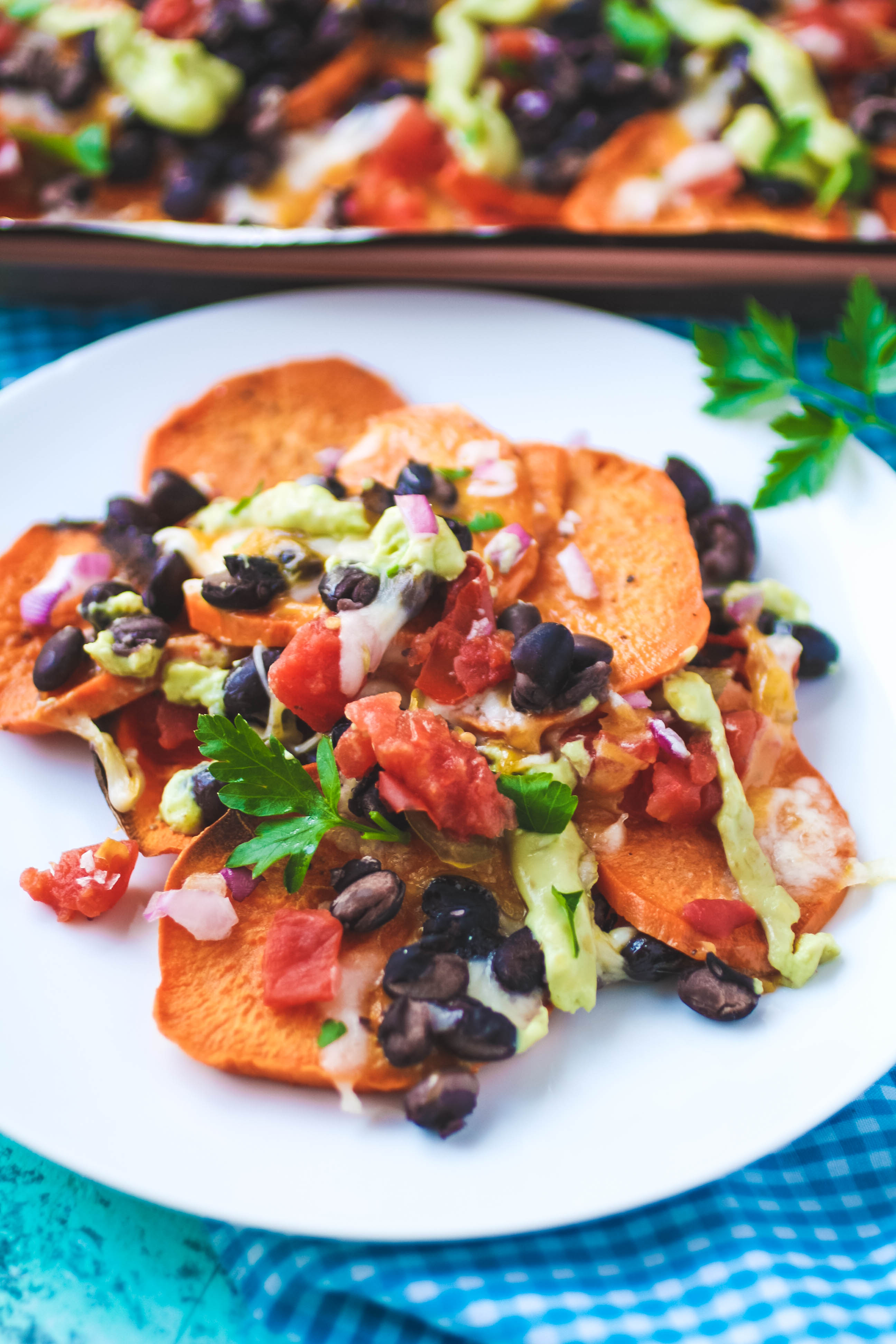 Sweet Potato Nachos with Avocado Crema is a treat for snacktime! Sweet Potato Nachos with Avocado Crema is lovely as a snack.