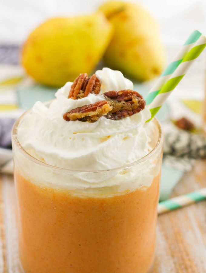 Sweet Potato-Pear Smoothies with Candied Pecans are perfect for the a.m., and make a nice dessert, too! You'll love these sweet potato and pear smoothies!
