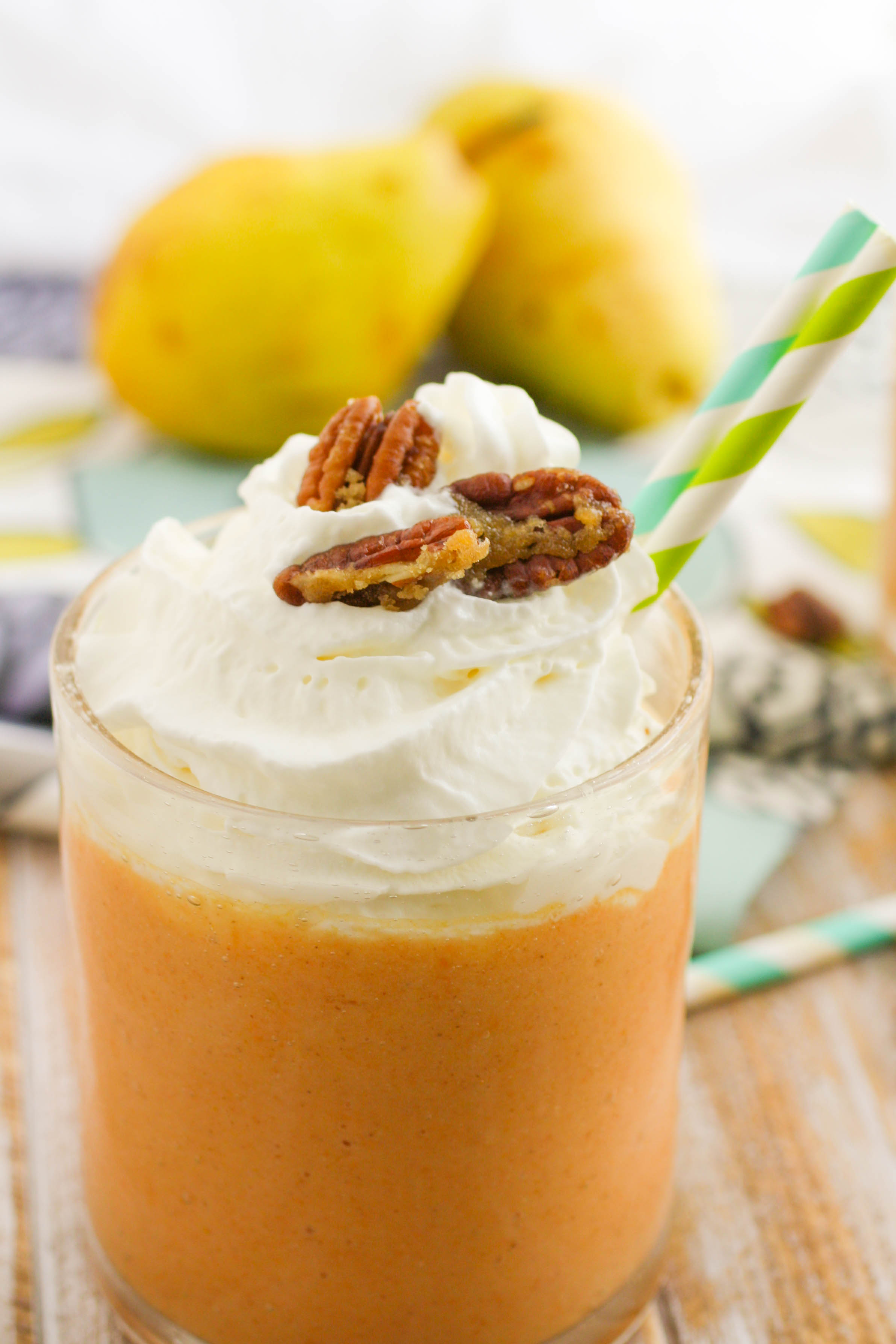 Sweet Potato-Pear Smoothies with Candied Pecans are perfect for the a.m., and make a nice dessert, too! You'll love these sweet potato and pear smoothies!