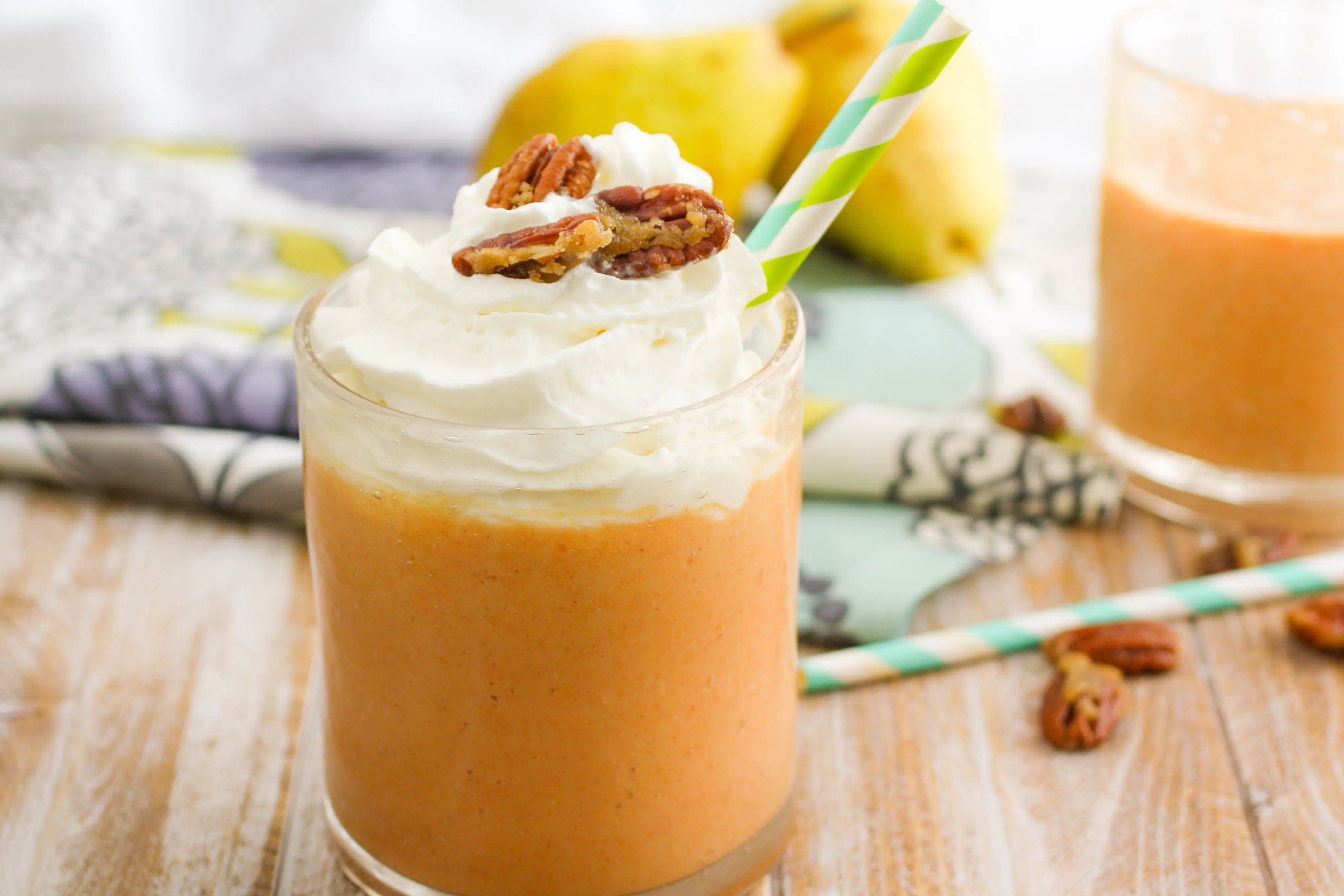 Sweet Potato-Pear Smoothies with Candied Pecans are fabulous in the a.m. You'll love the fall flavors of these wonderful smoothies. 
