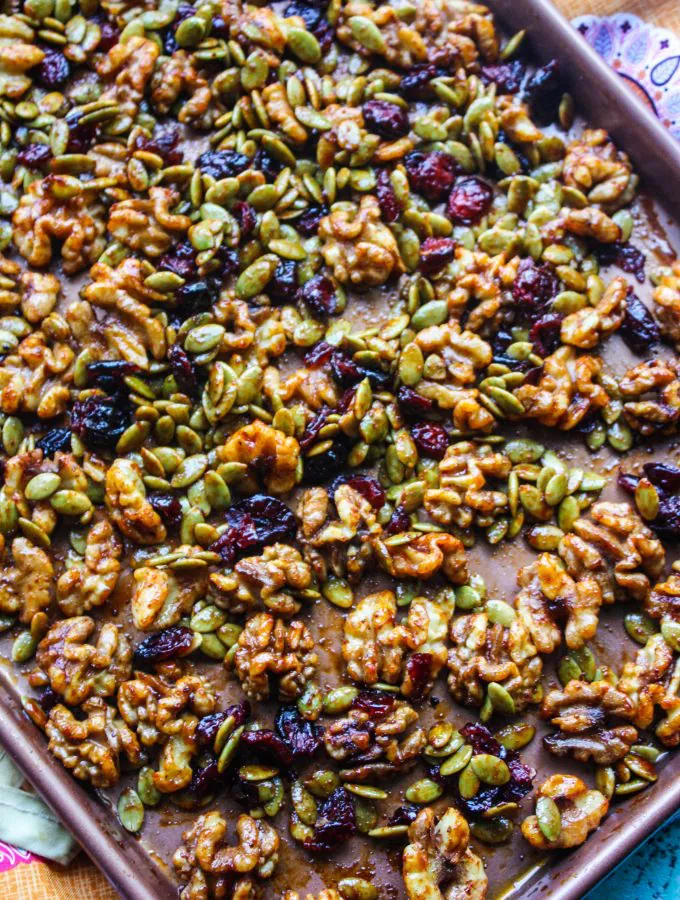 Pan of Sweet, Spicy & Citrus Roasted Walnut Mix for a great snack!